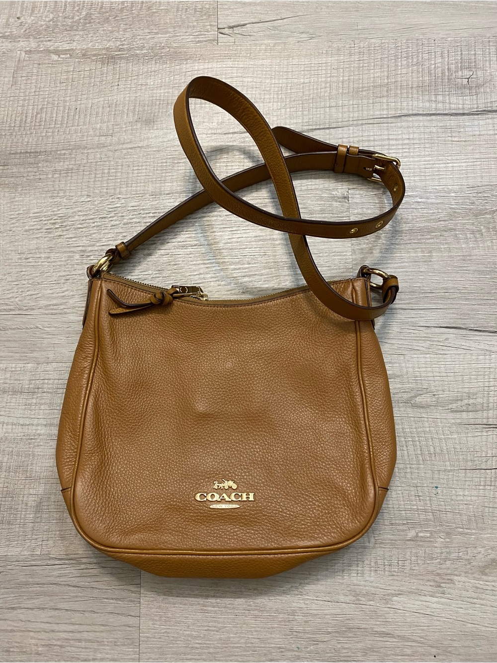 COACH Tan Pebbled Leather Crossbody with Gold Hardware